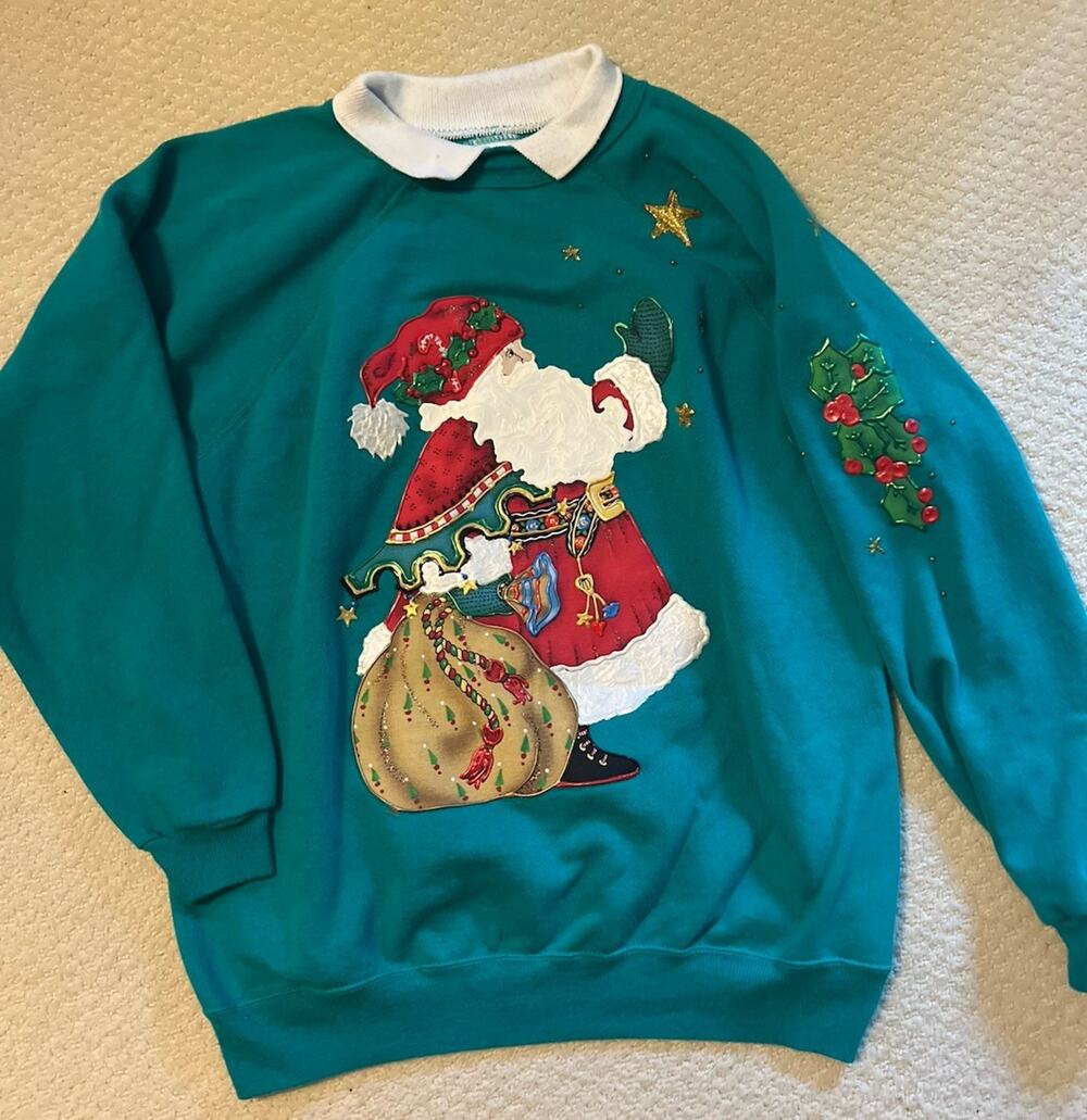 Vtg 80s 90s Hanes Activewear Christmas Sweatshirt Teal Santa Hand Painted M L